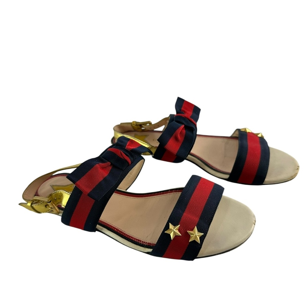 Gucci Red Blue Leather And Canvas Web Trim Slingback Sandals Size 36.5 6.5
